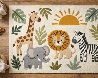 Safari Animals Kids Rug, Jungle Theme Tufted Wool Rug, Lion Giraffe Elephant Zebra Nursery Carpet, Handmade Baby Room Rug 5x7 ft 6×9 ft