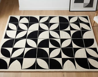 Hand Tufted Wool Rug, Geometric Black White Rug, Modern Area Rug, Scandinavian Style Carpet, Custom Wool Rug, Living Room Decor, 5x8 ft