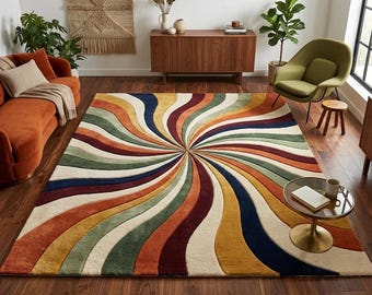 Hand Tufted Rug Retro RAINBOW SWIRL Wool Large Area Rugs For Living Room Bedroom Nursery 6X9 8X10 9X12 10X14 Custom Rug