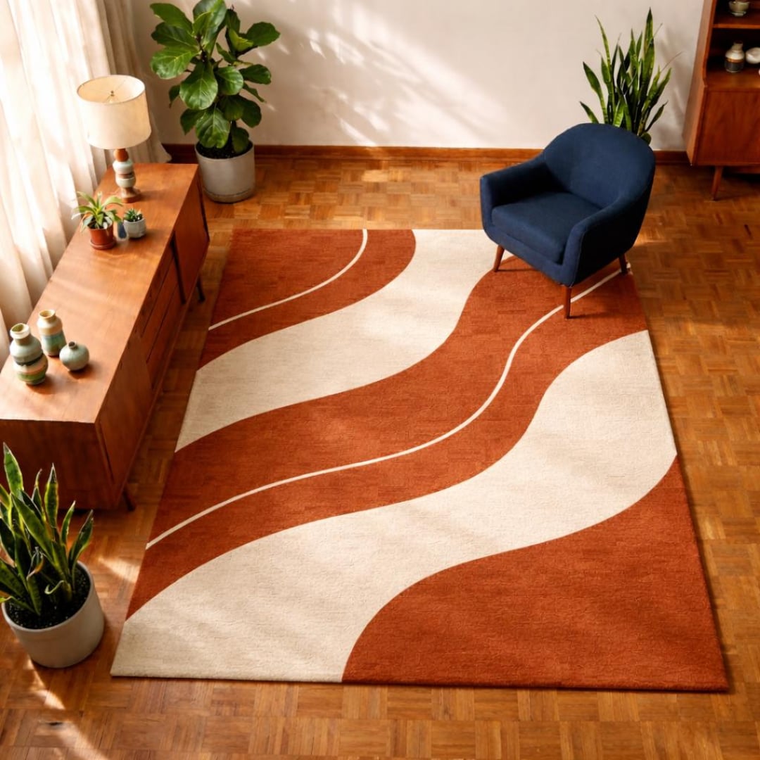Handmade Abstract Tufted Rug – Burnt Orange Cream Modern Wave Carpet - Etsy