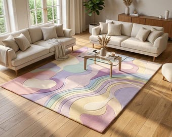 Hand Tufted NZ Wool Abstract Pastel Rug, Modern Rainbow Wave Area Rug, Luxury Living Room Carpet 8x10 Custom Size
