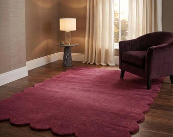 Burgundy Scalloped Wool Rug, Hand Tufted Area Rug, Custom Size Luxury Rug, Modern Living Room Bedroom Nursery Decor