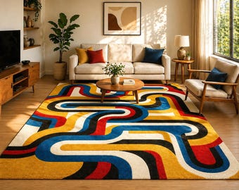 Abstract Modern Wool Rug 8x10, Hand Tufted Colorful Line Rug, Retro Geometric Carpet, Mid Century Area Rug, Custom Size Rug 8x10