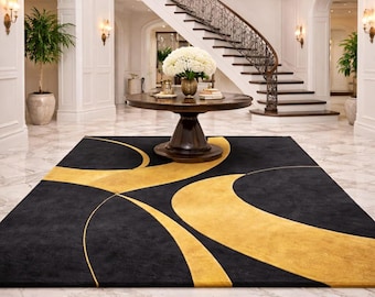 Handmade Black Gold Abstract Rug, Luxury Modern Area Rug, Designer Living Room Carpet, Contemporary Tufted Statement Rug 6×9 8X10