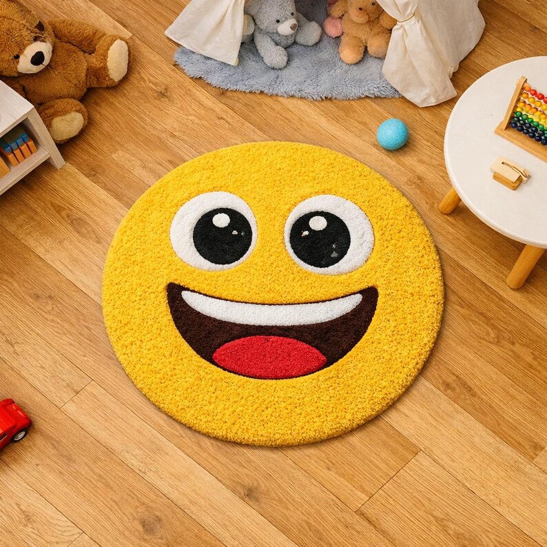 Hand Tufted Smiley Face Rug, Yellow Emoji Kids Area Rug, Cute Cartoon ...