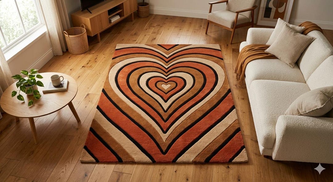 Retro Heart Wool Rug 8x10, Hand Tufted Area Rug, Boho Love Pattern ...