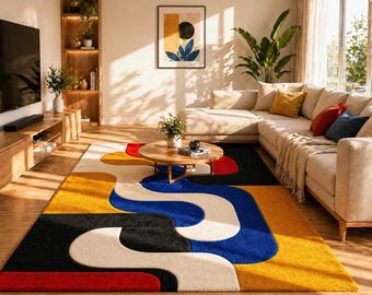 Bauhaus Abstract Wool Rug 8x10, Hand Tufted Modern Area Rug, Color Block Curvy Carpet, Mid Century Rug, Custom Size Rug 8x10
