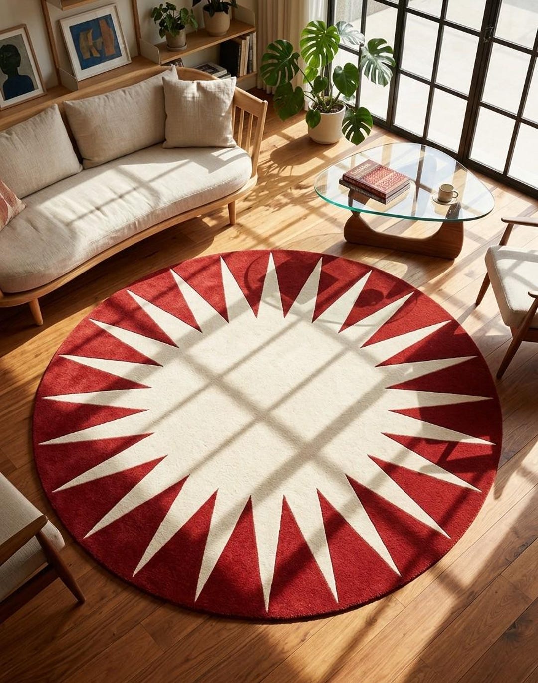 Round Sunburst Rug, Red Cream Circle Area Rug, Handmade Modern Round ...