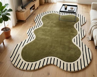 Hand Tufted Wool Rug, Irregular Shape Green Rug, Modern Abstract Carpet, Black White Striped Border, Custom Size Living Room Rug