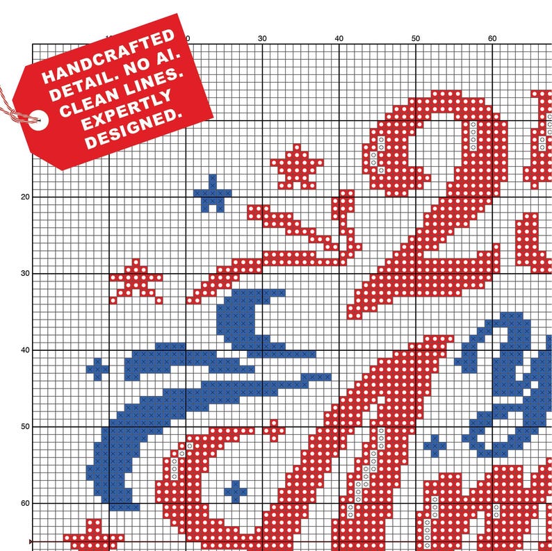 May include: A cross-stitch pattern with red and blue stitching on a white background. The design includes the numbers "2024" and various star and stripe elements. A red tag in the upper left corner reads "HANDCRAFTED DETAIL. NO AI. CLEAN LINES. EXPERTLY DESIGNED."