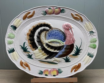 Bandeja ovalada de cerámica pintada a mano de 45 x 35 cm (18" x 14") para servir pavo, fabricada en Japón.