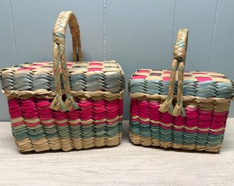 Vintage Mexican Hand-Woven Palm Leaf Baskets - Set of 2