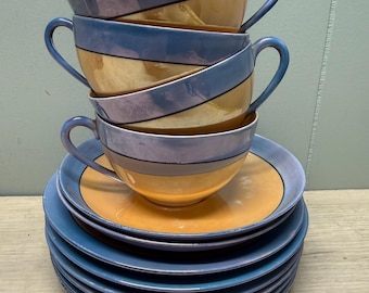 Vintage Meito Art Deco Blau / Orange irisierendes China Lusterware Ersatz Lot, 1930er Jahre japanisches Porzellan