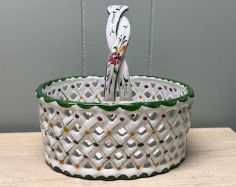 Vintage Hand Painted Portuguese Reticulated Porcelain Basket