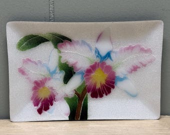 Bandeja de orquídeas esmaltada cloisonné japonesa vintage de la década de 1980