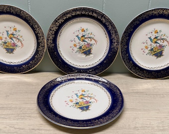 Platos vintage Century by Salem "Ave del Paraíso" con borde de oro de 23 quilates (juego de 4)