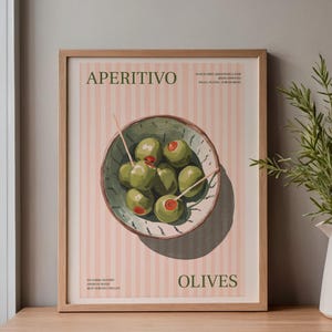 Olive Aperitivo Art Print - Italiaanse keuken poster - mediterraan decor - groene olijf kunst aan de muur - eetkamer artwork - food lover cadeau