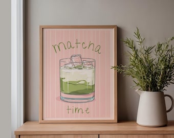 Matcha Wall Art Print - Iced Matcha Latte Poster - Pink Kitchen Wall Decor - Cafe Wall Art - Coffee Shop Decor - Matcha Lover Gift