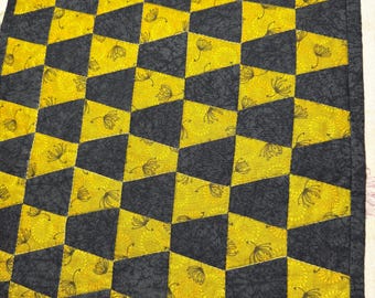 Handmade Quilted Table Runner: Black & Lime Green Tumbling Block Pattern