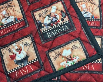 Quilted Potholders (Set of 2): Barista Print Kitchen Decor