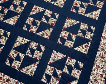 Handmade Patchwork Mini Quilt: Floral Print, Navy Sashing, Red backing (20x20)