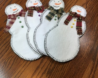 Handmade Snowman Ornament Set of Four; Flannel & Cotton Holiday Decor