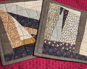 Potholder set of two: Handmade Earth Tone Crazy Quilt Patchwork with print backing