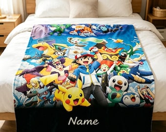Pokémon personalisierte weiche Decke, Pikachu und Freunde Fleece, individueller Name Kinder Geschenk