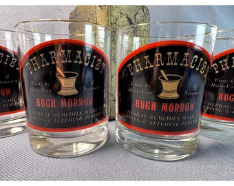 Vintage Pharmacist Rocks Glasses Set of 4 Hugh Morrow Apothecary Lowball Old Fashioned Barware