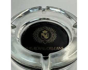 VTG Royal Orleans Hotel Glass Ashtray New Orleans LA Black Gold Crest Barware