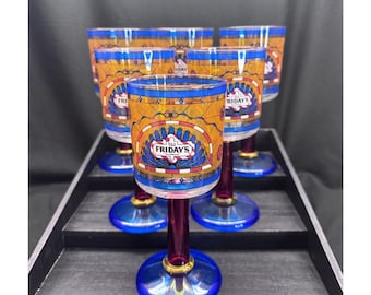 Vintage 1995 TGI Fridays Plastic Goblets Set of 6 Colorful Stained Glass Style