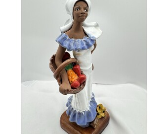 Vintage Frazer Ceramics Jamaica Market Woman Figurine Folk Art Wood Base 8 1/2"