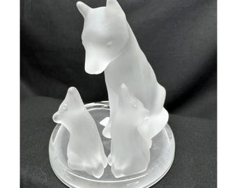 PartyLite Frosted Glass Wolf Mother & Cubs Tealight Votive Holder Retired P7658