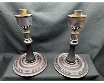 Vintage Georgian Colonial Style Turned Wood and Brass Candlestick Pair / Set