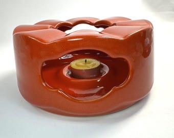 Retro Orange Red Ceramic Candle Holder MCM Atomic Vintage  Sculptural Bold Glaze