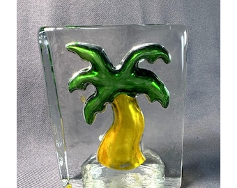 Vintage Palm Tree Art Glass Tea Light Candle Holder Tropical Coastal Decor
