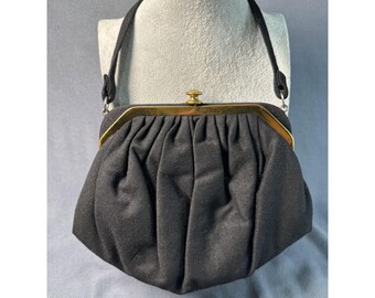 Vintage 1950s Black Evening Bag Kiss Lock Handbag Mid Century Formal Purse Satin Lined