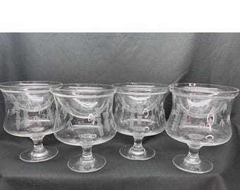 Set di 4 bicchieri refrigeranti vintage Noritake Sasaki in vetro con decorazioni in bambù, ideali per cocktail di pesce e gamberi.