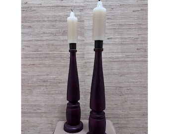 Vintage Red Distressed Wooden Candlesticks Set (2), Farmhouse Taper Holders