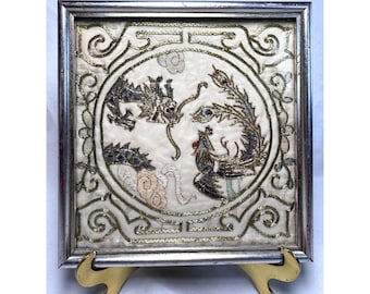 Vintage Chinese Dragon Phoenix Embroidery Framed Textile Art Metallic Thread Asian Wall Decor