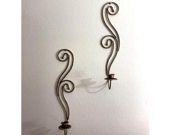 Vintage Gold Tone Metal Wall Sconce Candle Holders Set Scroll Decor 17" Pair