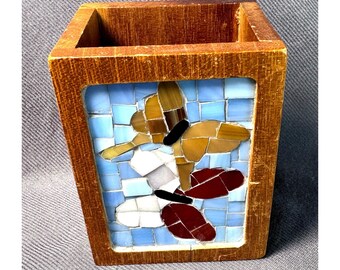 Wood Mosaic Stained Glass Butterfly Pencil Holder Desk Organizer Vintage