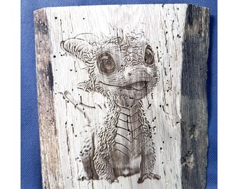 Rustic Baby Dragon Wood Wall Art Pyrography Engraved Plaque USA Made Fantasy