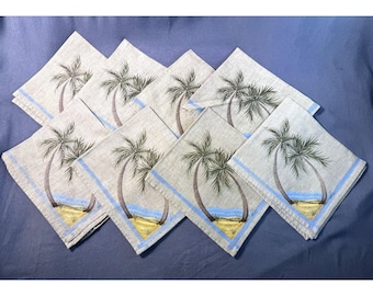 Juego de 8 servilletas de algodón vintage con estampado de palmeras tropicales y borde azul costero (43 x 43 cm)