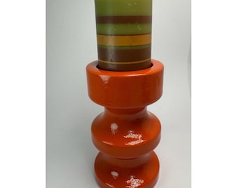 Retro Orange Ceramic Candle Holder MCM Atomic Sculptural Stacked Mod 5" + Candle