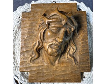 Vintage Hand Carved Jesus Wood Plaque Marga Otto Tubingen German Religious Art