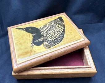 Solid Wood Keepsake Box Signed Loon Bird Tile Art 1979 W. Morgan Fully Lined