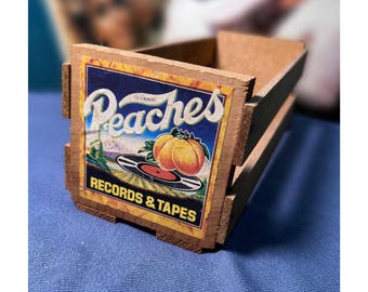 Vintage Peaches Records and Tapes Crate, Cassette Holder, Retro Music Decor