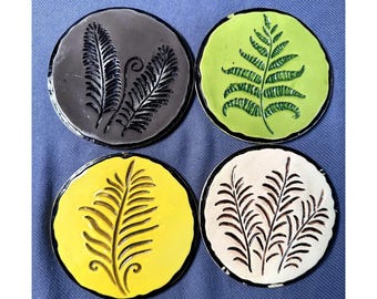 Ceramic Coaster Set of 4 Fern Botanical Embossed Cork Back Boho MCM Style 4"