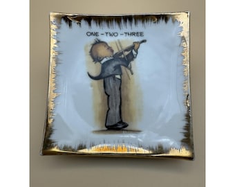 VTG Japanese Porcelain Trinket or Pin Dish Boy Playing Violin Music Orchestra